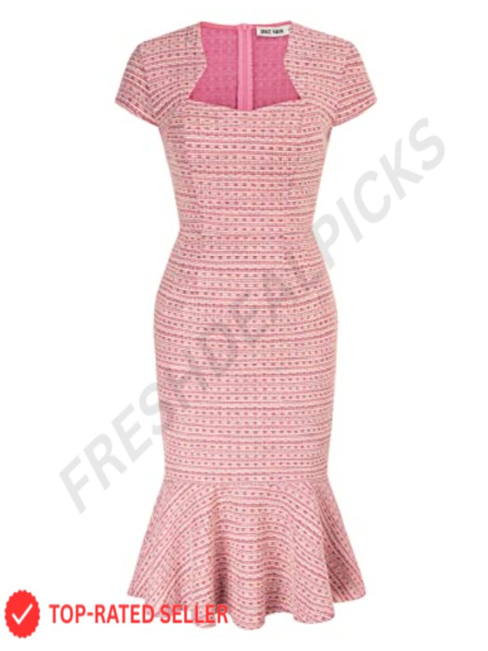Fishtail Bodycon Cocktail Dress Tweed Plaid Mermaid Hem Knee-Length